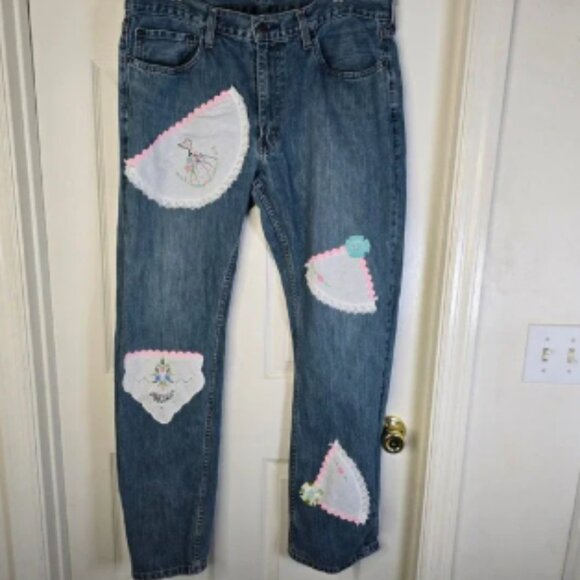 Levi's 559 upcycled Jeans vintage linens, embroidered lady Women's 36 x 34 - Picture 1 of 6